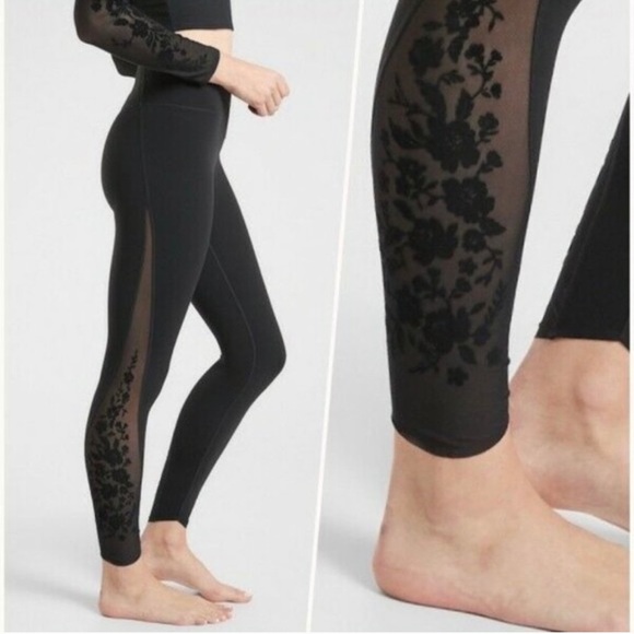 Athleta Pants - Athleta | Velvet Rose Flocked Mesh 7/8 Tight Black